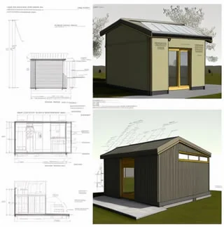 CAD plan views and elevations of a shed