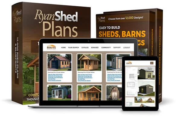 Ryan Shed Plans package — 12,000+ shed plans and blueprints on desktop, tablet and mobile