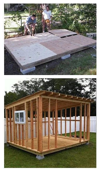 Shed build in progress — foundation and framing stages